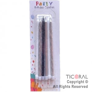 VELA BLISTER PLATA BLANCO Y NEGRO CON BRILLO 12 CM x 6 UNIDADES